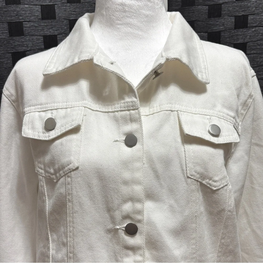 White Denim Jacket Womens L 3/4 Sleeve Y2K Preppy Trucker‎ - Picture 2 of 9